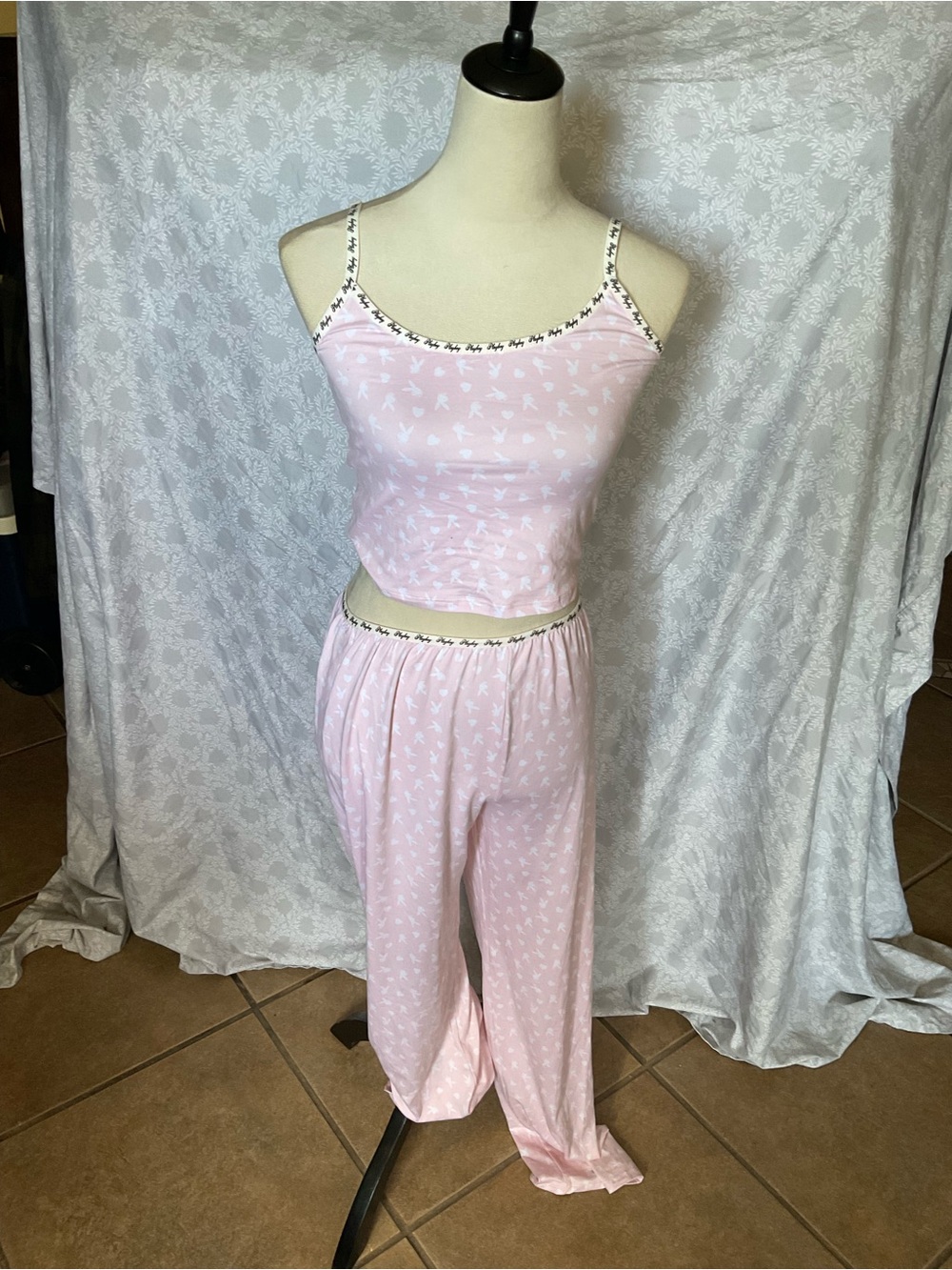 PLAYBOY Pink Two-Piece Spaghetti Strap Pajama Set with Bird Print